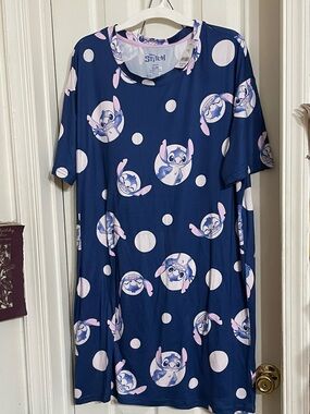 Disney Navy Blue Stitch Polka Dot Nightshirt with Pink Accents